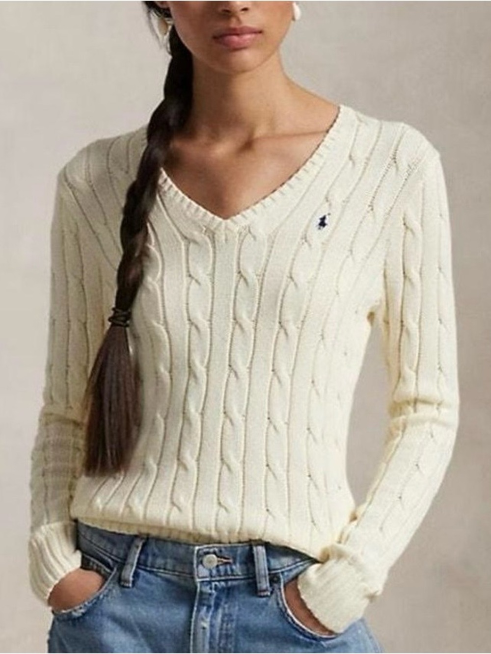 Polo Ralph Lauren cable knit sweater v-neck white cotton large